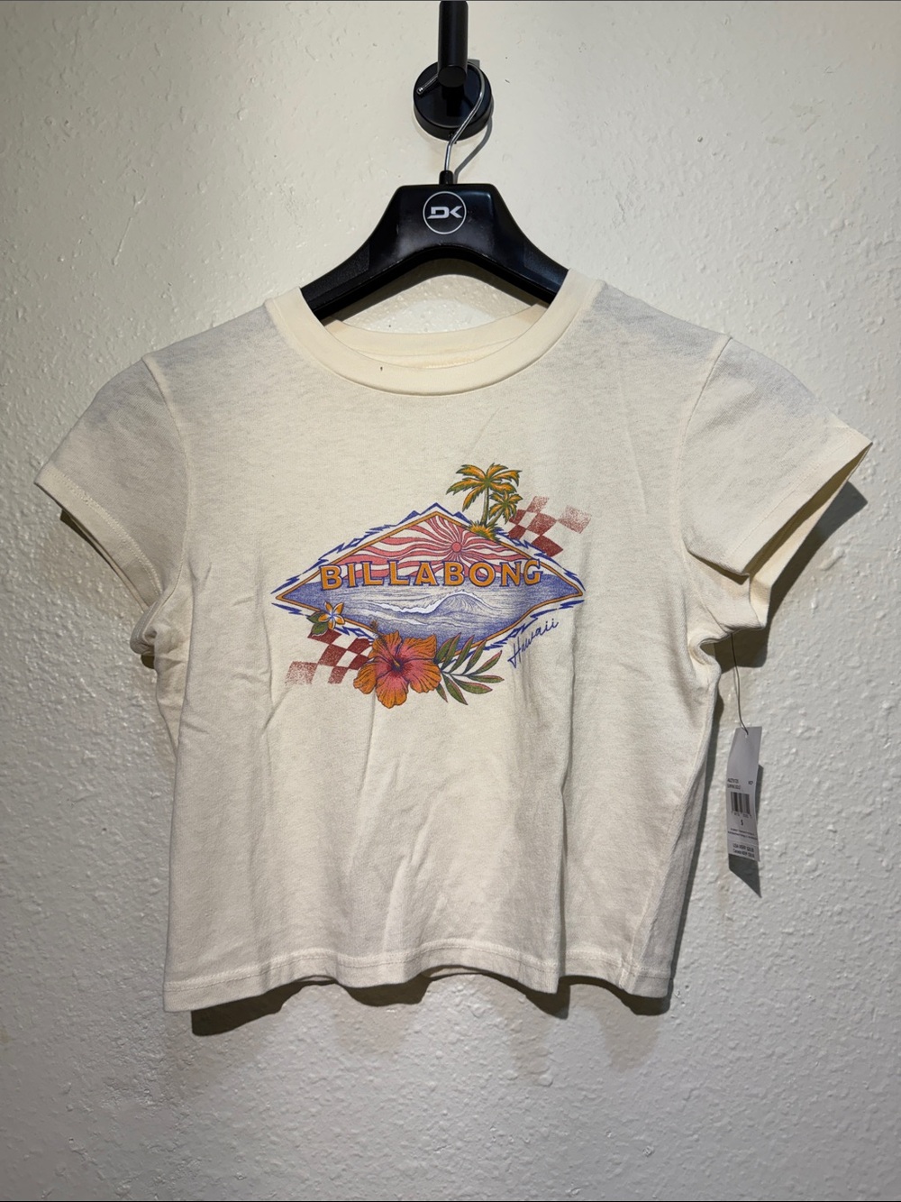 Billabong Cream Short Sleeve Logo Tee with Tropical Graphic